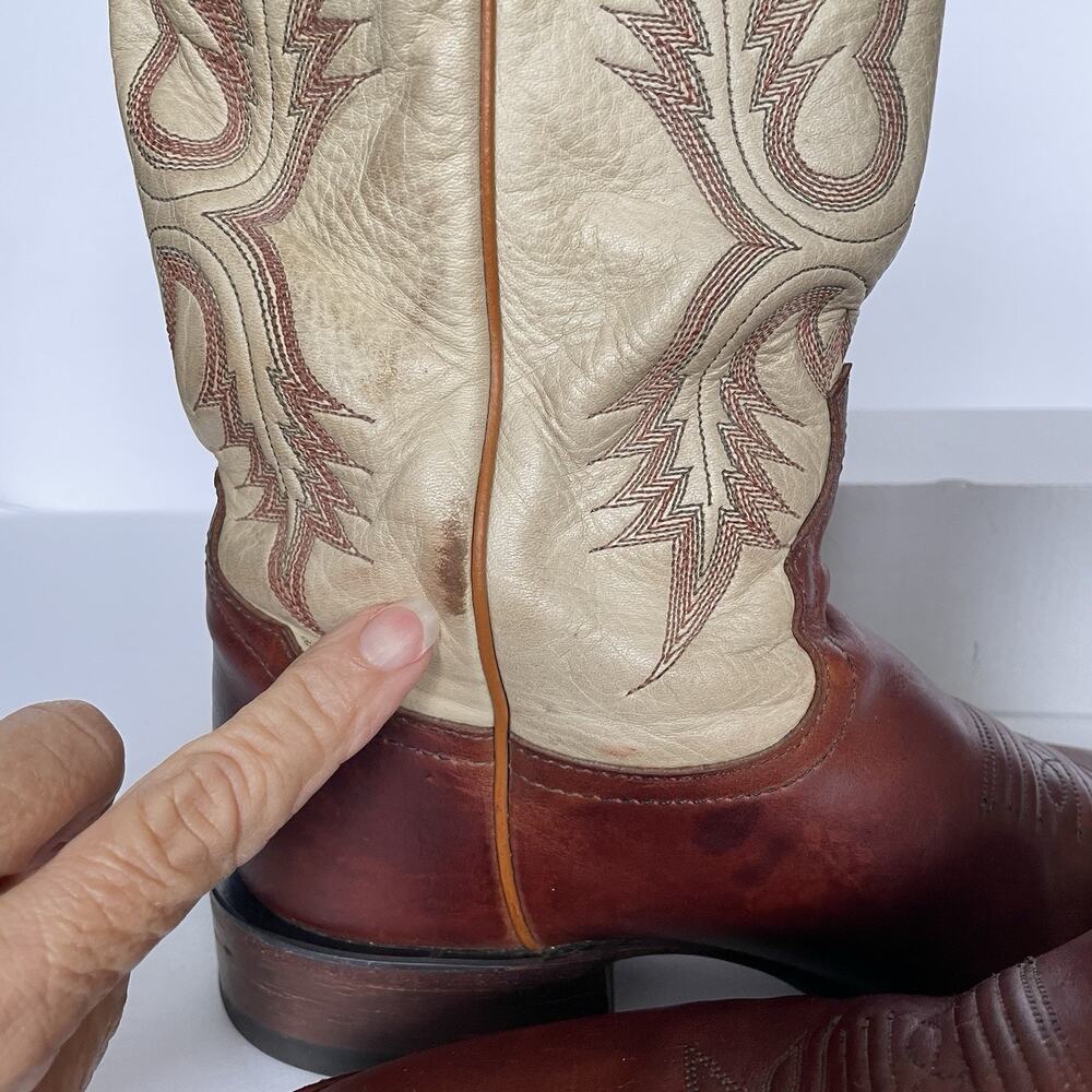 Vintage Tony Lama Roper Cowboy Boots Men’s 8.5 D Brown & Cream Leather USA Made - Picture 9 of 16